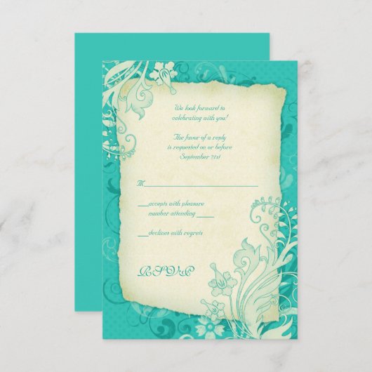 ターコイズおよびアイボリー結婚フローラの返信カード 出欠カード (正面/裏面)