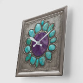 ターコイズおよびアメジスト宝石トーン付き スクエア壁時計 (傾斜)