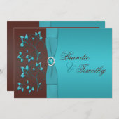 ターコイズおよびチョコレート花柄の結婚式招待状 招待状 (正面/裏面)