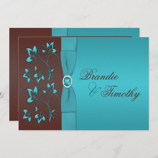 ターコイズおよびチョコレート花柄の結婚式招待状 招待状 (正面/裏面)