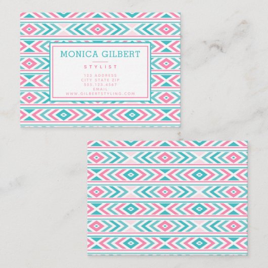 ターコイズおよびピンクの幾何学的パタアステカーン 名刺 (正面/裏面)