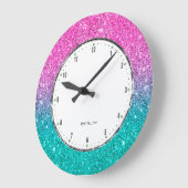 ターコイズおよびホットピンクフェイクグリッターグラデーション ラージ壁時計 (傾斜)