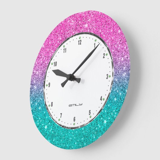 ターコイズおよびホットピンクフェイクグリッターグラデーション ラージ壁時計 (傾斜)