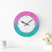 ターコイズおよびホットピンクフェイクグリッターグラデーション ラージ壁時計 (ホーム)