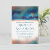 ターコイズおよびモモの水彩画のモダンなベビーシャワー 招待状 (スタンド正面)