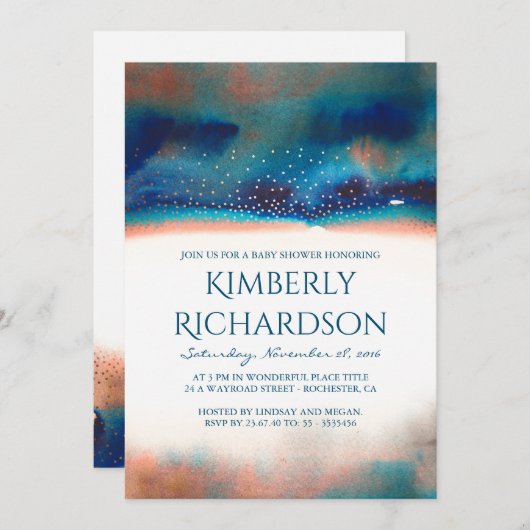 ターコイズおよびモモの水彩画のモダンなベビーシャワー 招待状 (正面/裏面)