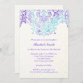 ターコイズおよび紫色の水彩画のダマスク織バルミツワー 招待状 (正面/裏面)