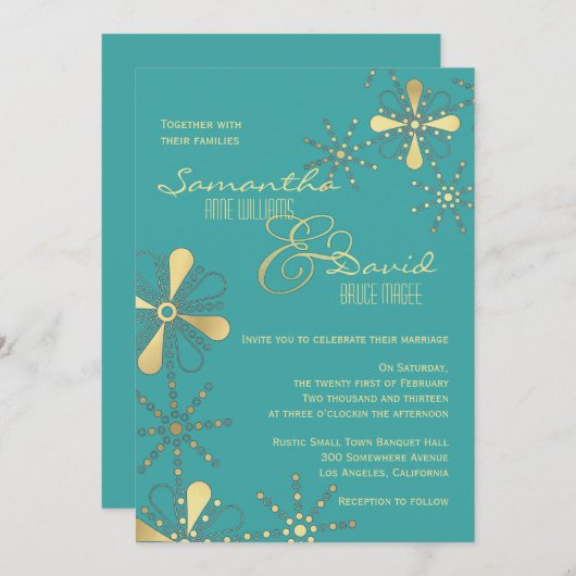 ターコイズおよび金ゴールドのインディアンの刺激を受けたな結婚式 招待状 (正面/裏面)