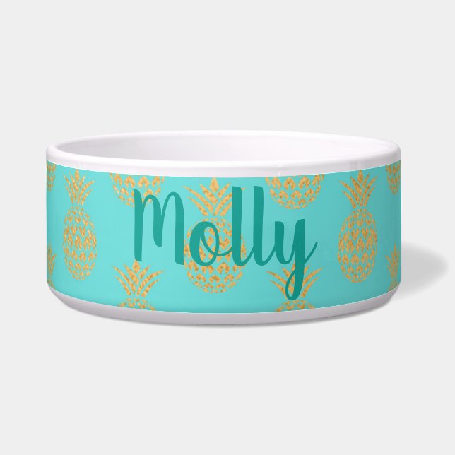 ターコイズおよび金ゴールドのパイナップルカスタムのペットボウル ボウル (正面)