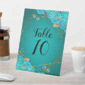 ターコイズおよび金ゴールド結婚フローラのテーブル番号 台座サイン (インサイチュ)