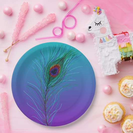 ターコイズからパープルへのピーコックの羽 ペーパープレート (パーティー)