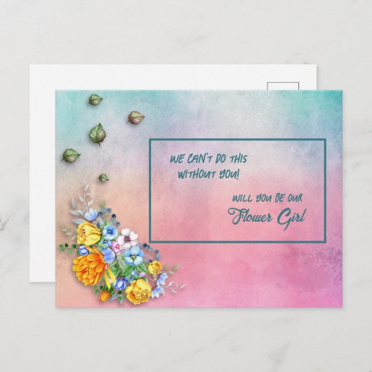 ターコイズからピンクのグラデーションフローラブーケ花 案内ポストカード (正面/裏面)