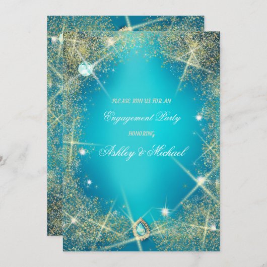 ターコイズかわいらしグラムは宝石ダイヤモンドをシークイン 招待状 (正面/裏面)