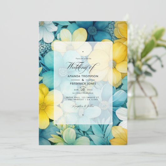 ターコイズとイエローとグレイの花柄のウェディング 招待状 (スタンド正面)