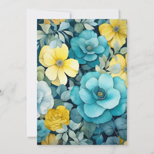 ターコイズとイエローとグレイの花柄のウェディング 招待状 (裏面)