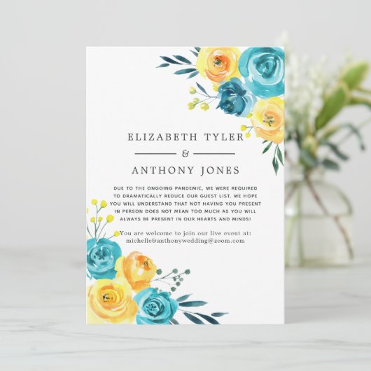 ターコイズとイエローのウェディング 減少したゲストリスト 案内状 (スタンド正面)