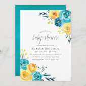 ターコイズとイエローの水彩花のベイビーシャワー 招待状 (正面/裏面)