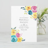 ターコイズとイエローの花柄QRコード招待状 ウェディング 招待状 (スタンド正面)