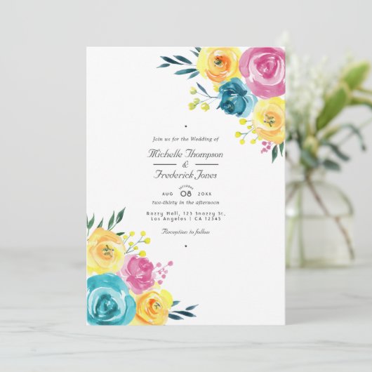 ターコイズとイエローの花柄QRコード招待状 ウェディング 招待状 (スタンド正面)