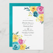 ターコイズとイエローの花柄QRコード招待状 ウェディング 招待状 (正面/裏面)
