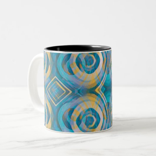 ターコイズとイエローろうけつ染めサークル&ダイヤモンド コーヒーマグカップ (正面左)