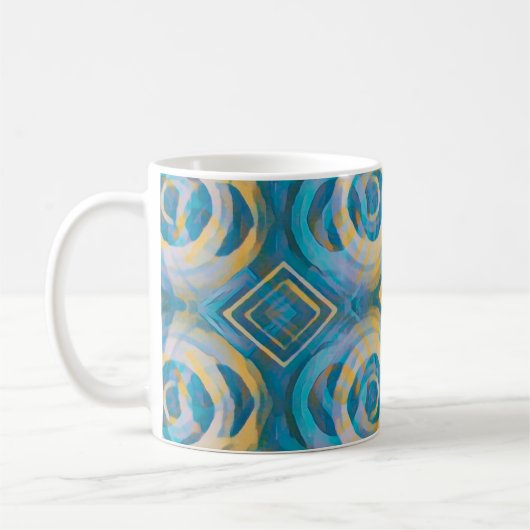 ターコイズとイエローろうけつ染めサークル&ダイヤモンド コーヒーマグカップ (左)