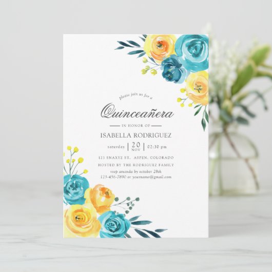 ターコイズとイエローウォーター色フローラキンセアニラ 招待状 (スタンド正面)