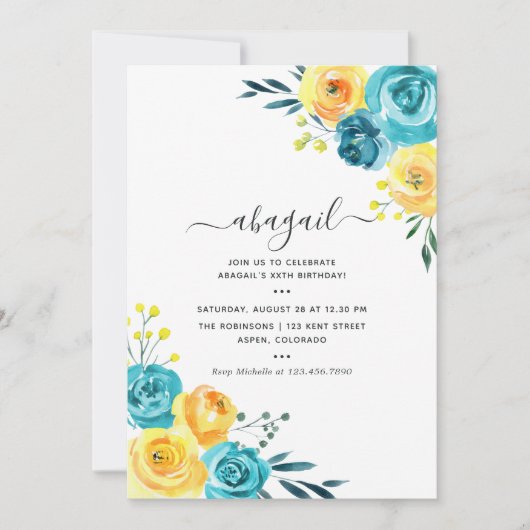 ターコイズとイエローウォーター色フローラ誕生日 招待状 (正面)
