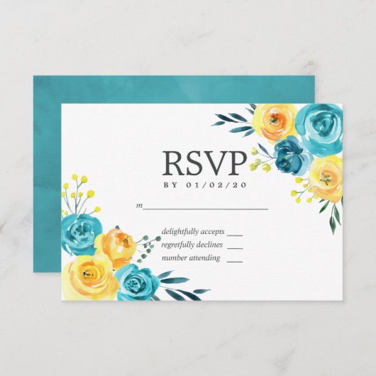 ターコイズとイエローフローラウェディングRSVP 出欠カード (正面/裏面)