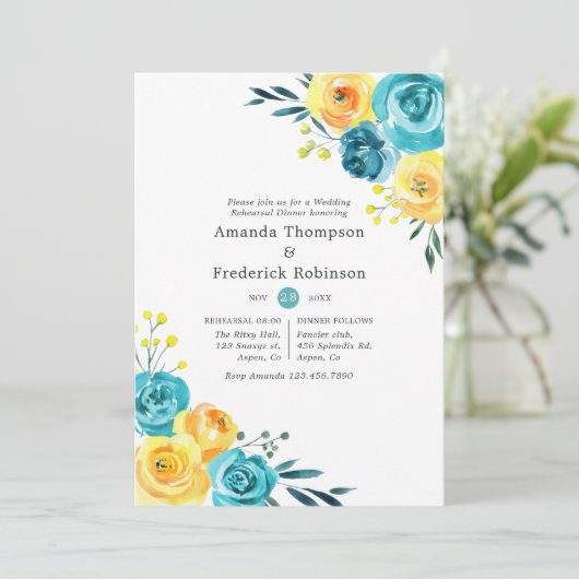 ターコイズとイエローフローラリハーサルディナー 招待状 (スタンド正面)