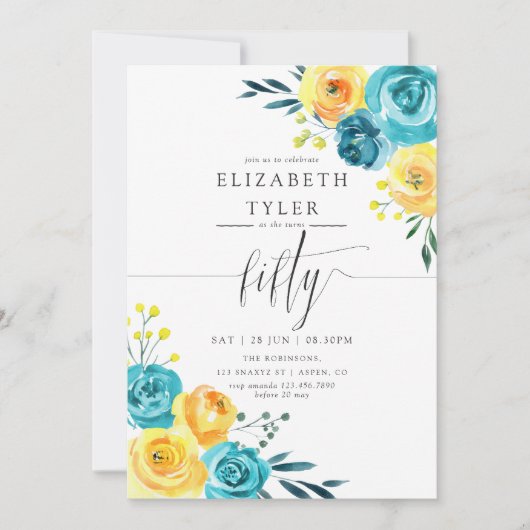 ターコイズとイエローフローラ50th誕生日パーティー 招待状 (正面)