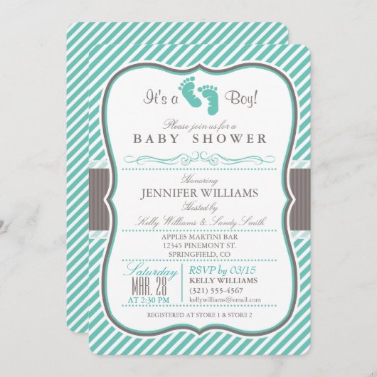 ターコイズとエレガントトープベビー足ベビーシャワー 招待状 (正面/裏面)