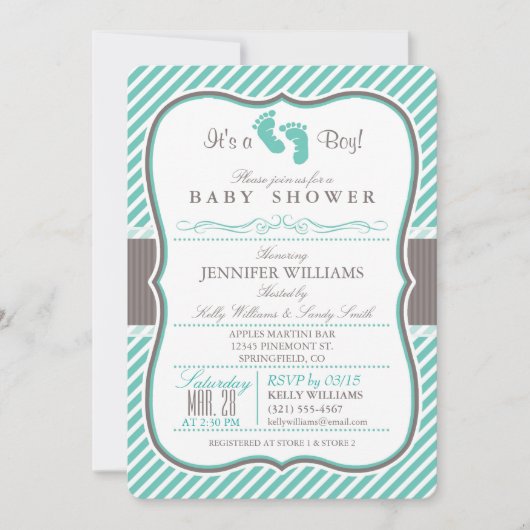 ターコイズとエレガントトープベビー足ベビーシャワー 招待状 (正面)