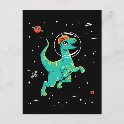 ターコイズとオレンジのディロフォサウルス恐竜が宇宙を駆ける ポストカード (正面)