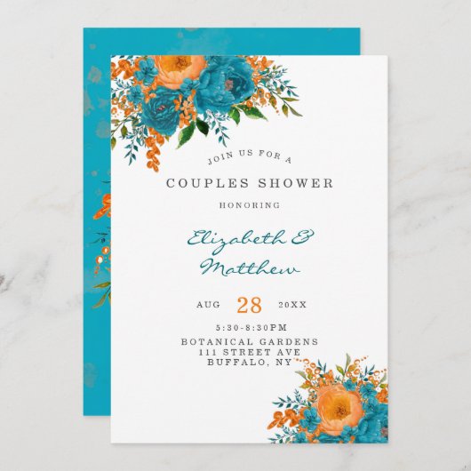 ターコイズとオレンジのペイントフラワーズ カップルシャワー 招待状 (正面/裏面)
