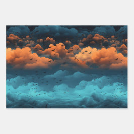 ターコイズとオレンジの夜空のコウモリの群れ ラッピングペーパーシート