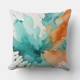 ターコイズとオレンジの抽象芸術水色 クッション