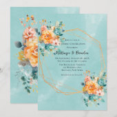ターコイズとオレンジの芍薬の結婚式 招待状 (正面/裏面)