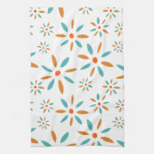 ターコイズとオレンジの花ミッドセンチュリーモダン キッチンタオル (縦)