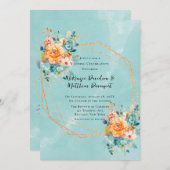 ターコイズとオレンジ結婚牡丹の 招待状 (正面/裏面)