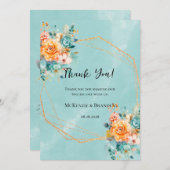 ターコイズとオレンジ結婚牡丹サンキューカード 招待状 (正面/裏面)