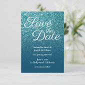 ターコイズとオーシャンブルーのオンブルグリッター Save the Date 招待状 (スタンド正面)
