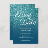 ターコイズとオーシャンブルーのオンブルグリッター Save the Date 招待状 (正面/裏面)