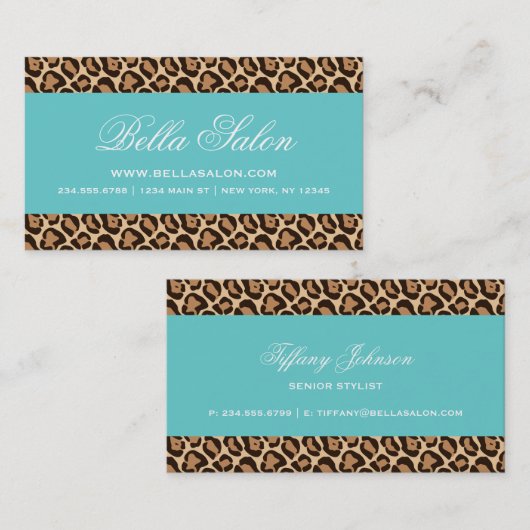 ターコイズとガーリーレオパード印刷 名刺 (正面/裏面)