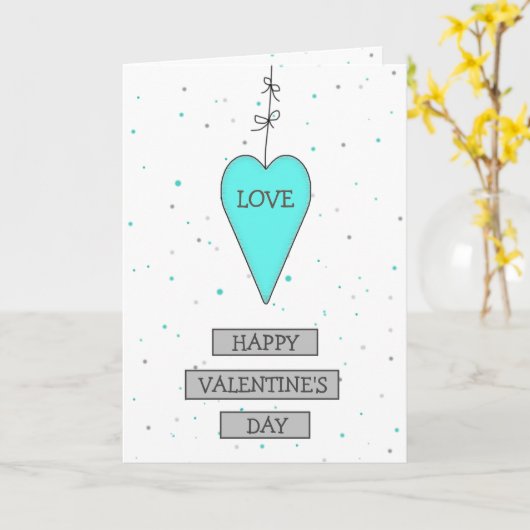ターコイズとグレイの遊び心あふれるハートとリボンのバレンタイン カード (黄色い花)