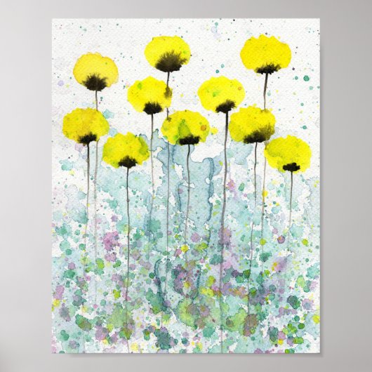ターコイズとグレーのポピー、水彩の花の壁 ポスター (正面)