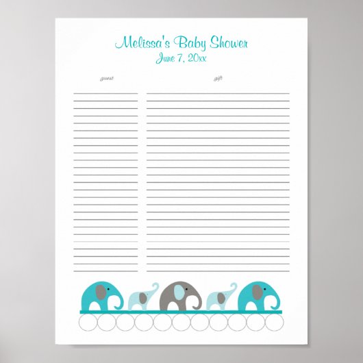 ターコイズとグレーゾウ赤ちゃんシャワーギフトリスト ポスター (正面)