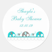 ターコイズとグレー象の赤ちゃんシャワーの好意 ラウンドシール (正面)