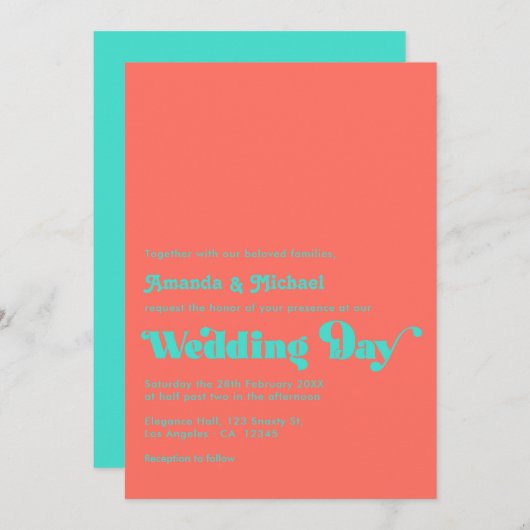 ターコイズとコーラルのウェディング 招待状 (正面/裏面)