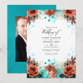 ターコイズとコーラルのナチュラルフラワーウェディングフォト 招待状